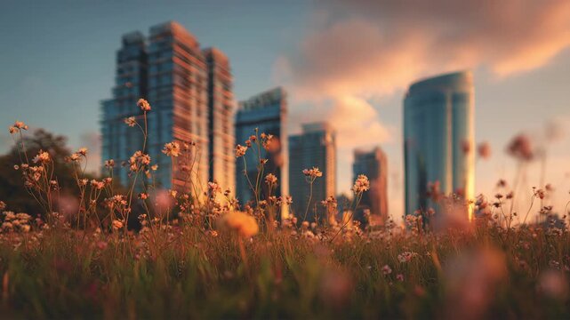 夕日が差す草むら越しの都市高層ビル群、暖色の景観