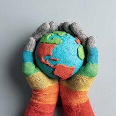 Hands holding Earth globe; rainbow sleeves