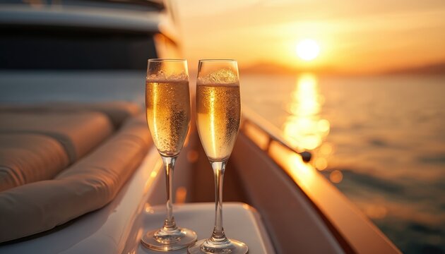 Two champagne glasses filled with bubbly drink stand on yacht deck. Golden sunset illuminates sea waves. Luxury boat cruise at ocean. Celebration drinks at dusk.