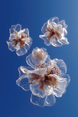 Three clear jellyfish float in a deep blue expanse