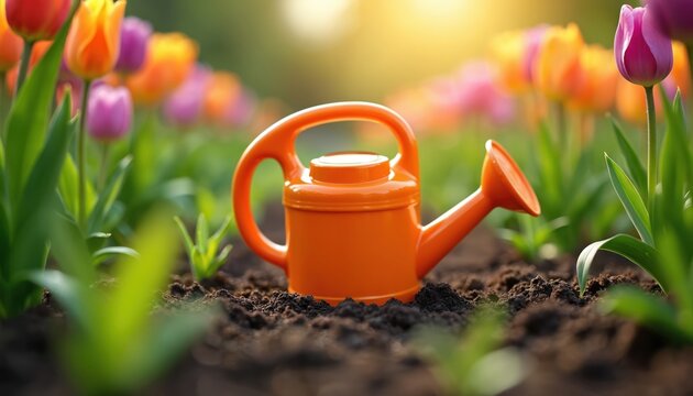 Orange watering can sits in dark soil surrounded by blooming tulips and green sprouts. Sun shines warmly creating a soft glow on the garden scene. - Powered by Adobe