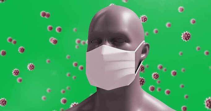 Animation of macro Covid-19 cells floating around a 3D human head wearing a face mask