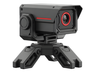 Modern black surveillance camera with red accent ring and tripod base isolated on white, offering security and monitoring