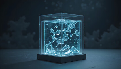 Glowing blue crystal fragments in a transparent cube on a dark background