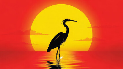 Heron silhouette at sunset with reflection