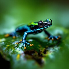 Obraz premium Close-up of a vibrant blue and green poison dart frog with yellow spots sitting on a lush green leaf in its natural habitat.