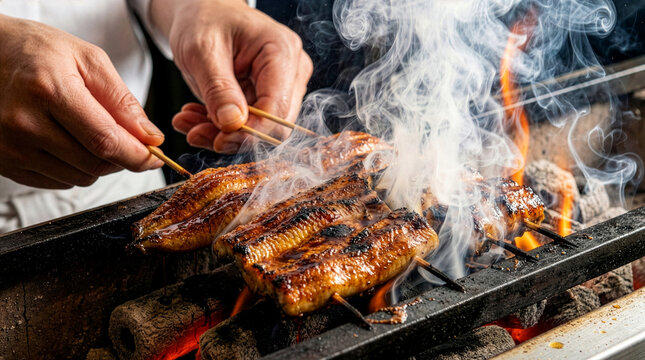 Close-up of chef's hands grilling unagi eel skewers over binchotan charcoal with intense smoke and flame.