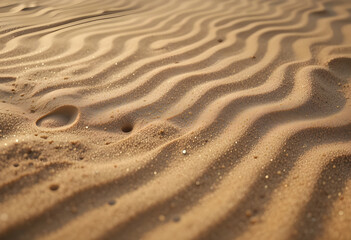 Fototapeta premium Close-up abstract of soft sand ripples forming natural flowing patterns, illuminated with gentle side light creating smooth shadows and calm, minimal texture lines.