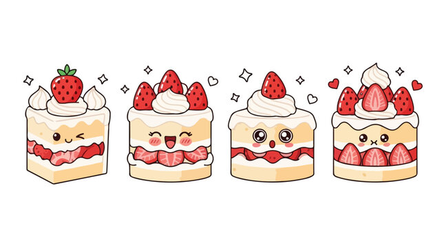 Adorable Kawaii Strawberry Shortcakes with Charming Facial Expressions and Creamy Toppings