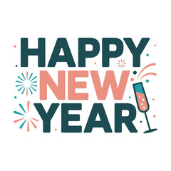 Happy new year greeting card illustration with festive elements and a champagne glass