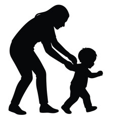 Toddler walking guidance silhouette ideal for early childhood vector themes.
