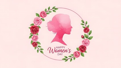 Womens Day Pink Silhouette Woman in Floral Wreath Greeting happy womens day international womens day