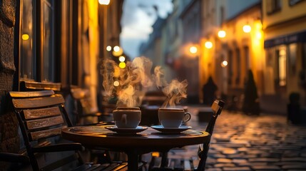 Warm coffee cups on a table in a cozy cobblestone street at dusk with soft glowing lights