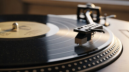 Vinyl record is being played on an old, retro, vintage gramophone.