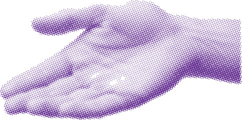 Vector art of blue halftone dot pattern open hand gesture, palm up, representing offering, receiving, or showing something abstractly in a vintage or retro style graphic © vectolab