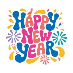 Obraz premium A colorful and festive happy new year lettering illustration with celebration elements