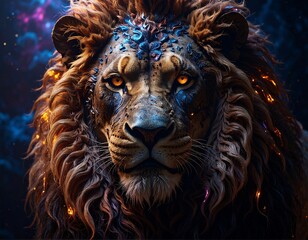 Regal lion face gazing forward with bright, cosmic-like accents