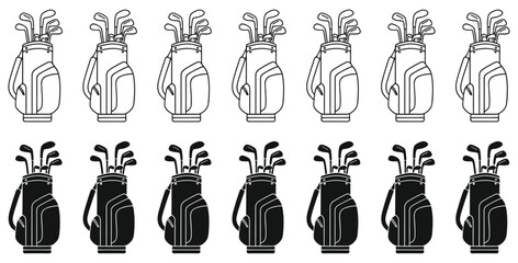 Collection of twelve simple line art icons representing filled and outline golf bags complete with assorted golf clubs ready for the course in a repeating pattern design element