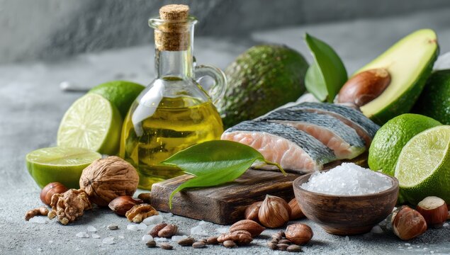Healthy fats oil, salmon, avocado, nuts, limes, and salt
