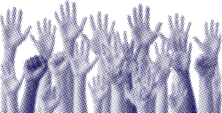 Vector art of multiple blue halftone dot pattern hands raised in the air, symbolizing voting, cheering, asking questions, or participation in a crowd