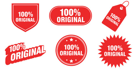 Collection of six vibrant red vector graphic seal designs emphatically declaring one hundred percent original product authenticity across various geometric shapes for marketing and labeling purposes.