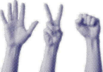 Vector art of set of three hand gestures open hand, peace sign, and fist, blue halftone dot pattern illustration