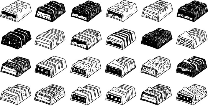 Hand Drawn Black and White Line Art Set of Chocolate Bars, Candies, and Sweet Snacks. Sketch Doodle Collection for Food, Confectionery, and Dessert Industry Designs.