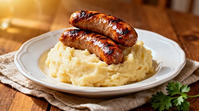 Grilled sausages on mashed potatoes