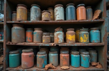 Fototapeta premium Old paint cans in varying colors sit on dusty shelves. Various sizes and conditions indicate age and use. Some are rusted, others chipped, showing a colorful but worn appearance.
