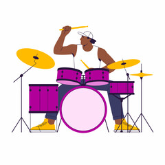 A dynamic illustration of a drummer energetically performing on a colorful drum set, embodying the joy of music and the art of rhythm in an expressive moment.