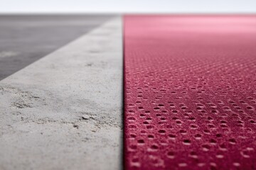 Red textured material lies next to gray smooth concrete, showing clear contrast in color and texture at a modern space