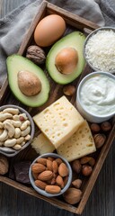 Tray of high-fat foods avocado, egg, cheese, nuts, cream
