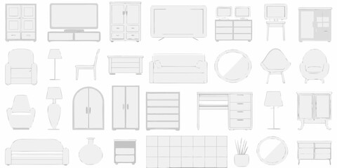 Collection of gray furniture outlines including sofas cabinets and decorative items © Ramanath