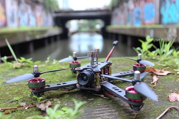 A drone is placed on the ground by a waterway surrounded by graffiti. Green plants grow in the wet area