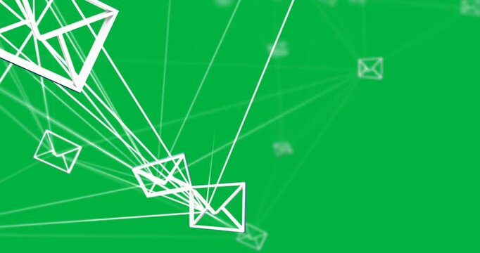 Animation of network of connections of multiple white envelope icons on black background