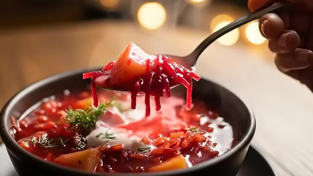Closeup of a person enjoying a steaming bowl of traditional Ukrainian borscht with sour cream and dill a hearty and flavorful beet soup perfect for a cozy meal.