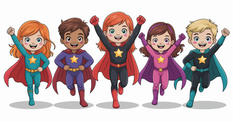 A vibrant illustration featuring five happy children dressed in superhero costumes, showcasing their unique colors and capes while running energetically. © Boren