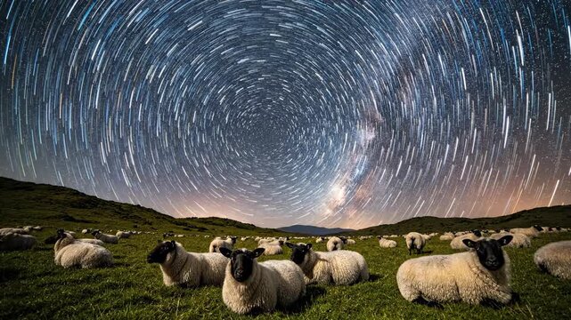 Stunning time lapse revealing beautiful star trails rotating above a remote highland pasture occupied by a resting, blurred flock of sheep vivid, scientific, rural