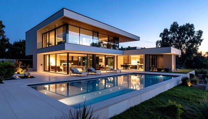 Modern Two-Story Luxury Home with Pool and Twilight Ambiance