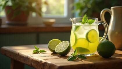 Cool lime drink pitcher with ice and mint slices rests on rustic wood table. Fresh citrus fruit and green leaves accent refreshing beverage. Sunny kitchen window view.
