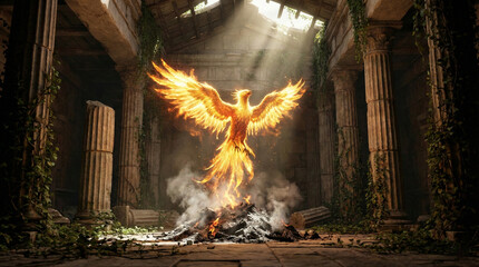 Phoenix Rising From Ashes in Ancient Temple