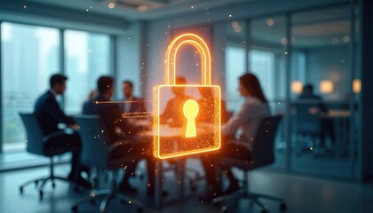 People in meeting room discuss cyber security. Holographic padlock symbolizes digital data protection and privacy in business. Futuristic concept of network safety.