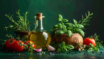 Rustic Kitchen Scene with Olive Oil Bottles, Fresh Herbs, and Vegetables on Green Surface