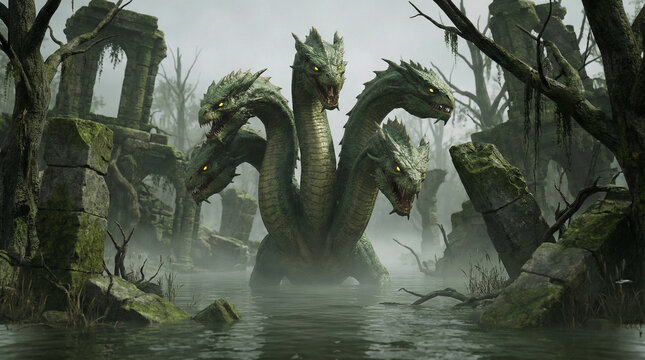 Five-Headed Hydra Monster in Misty Swamp