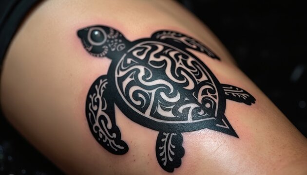 Black turtle tribal tattoo adorns human skin. Intricate pattern covers shell and limbs. Detailed artwork shows stylized sea creature, symbol of wisdom and longevity.