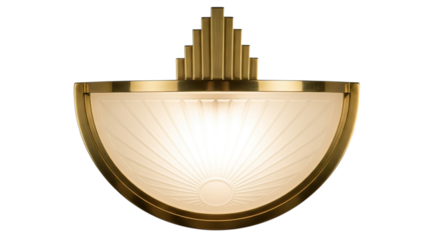Art deco brass wall sconce with frosted glass shade, isolated on transparent background