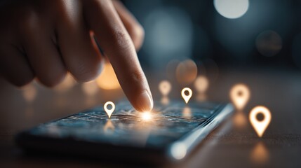User interacting with smartphone map application, exploring navigation details with location pins, modern technology and digital connectivity concept