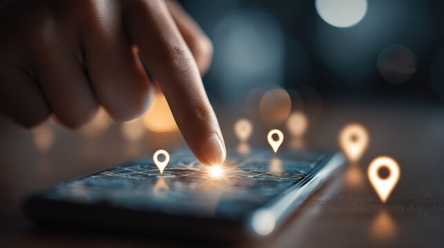 User interacting with smartphone map application, exploring navigation details with location pins, modern technology and digital connectivity concept - Powered by Adobe