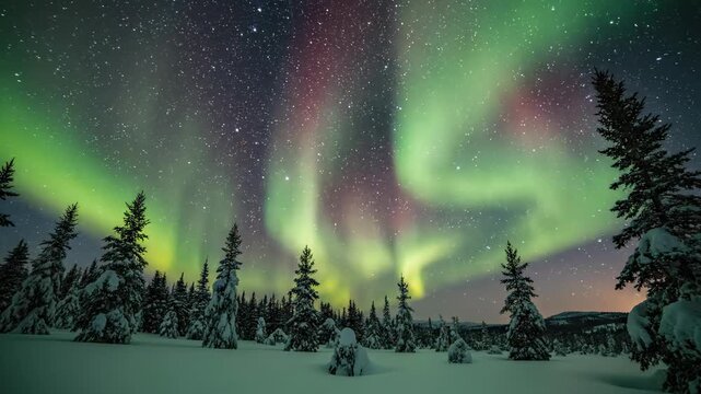 Stunning time-lapse view capturing the rapid, ethereal movement and dancing ribbons of the bright green and red aurora borealis above a dark winter tree line capturing, frozenlake, stillness