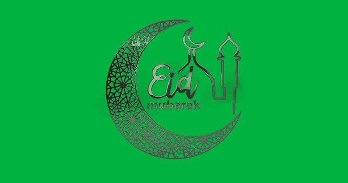 Animation of eid mubarak text in with green crescent moon and mosque on black background